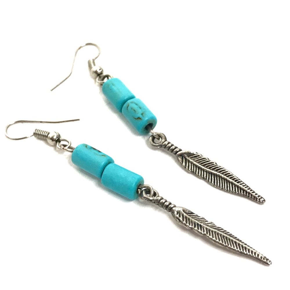 Turquoise Earrings Feather Dangle Boho Festival